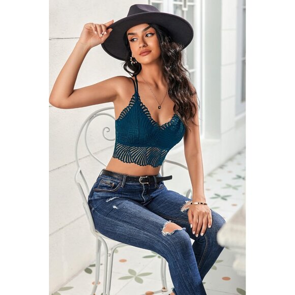 Women's Peacock Blue-1 Lace Camisole Double-layered V-neck Sexy Bralete Crop Top - Picture 4 of 5